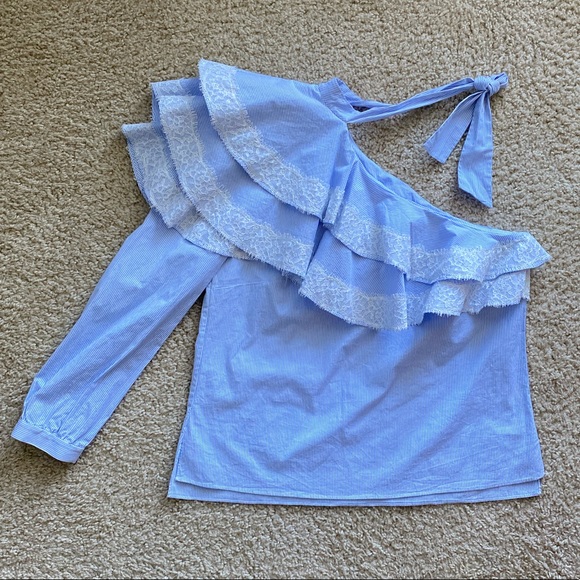 Veronica Beard One Shoulder Ruffle Top Blouse Sz 6 - Picture 2 of 16